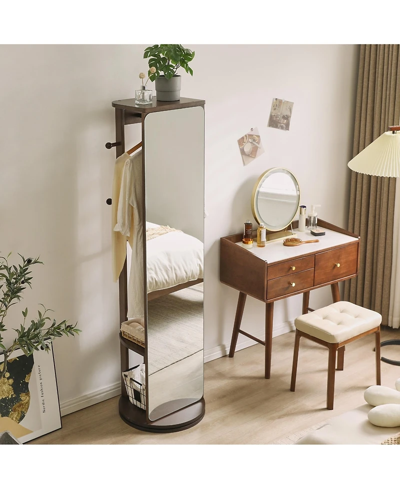 Phying Solid Rubberwood Rotating Full-Length Mirror Jewelry Armoire Cabinet with Multi-Functional Hooks and Storage Organizer, Freestanding