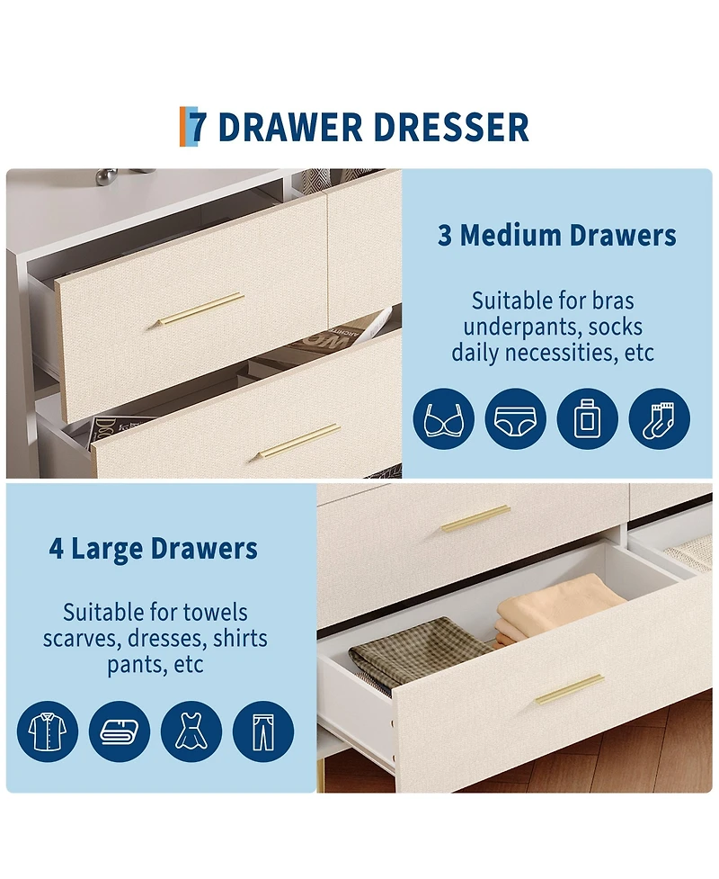 homfan Modern 7 Drawer Dresser for Bedroom, Wooden Dresser with Linen-Textured Surface, Narrow Accent Cabinet End Table for Living Room, Hallway