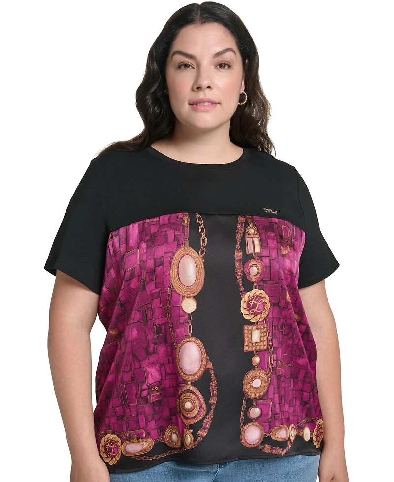 Karl Lagerfeld Paris Plus Gemstone Knit Placed-Print Crewneck Blouse