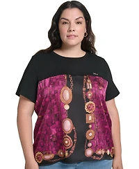 Karl Lagerfeld Paris Plus Gemstone Knit Placed-Print Crewneck Blouse