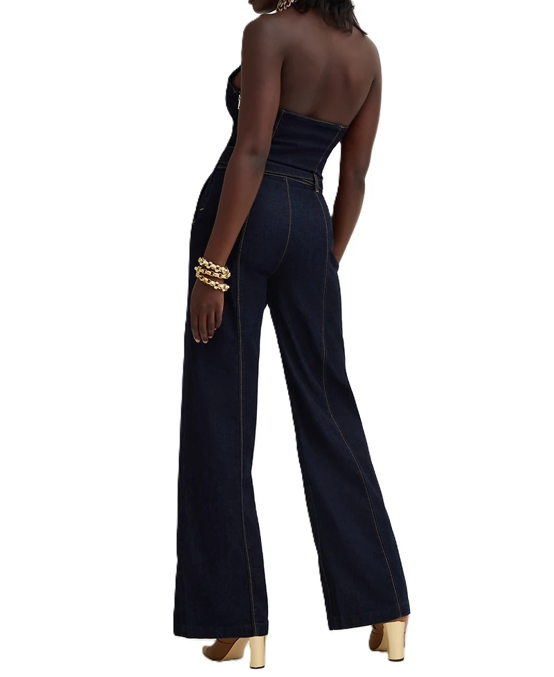 Guess Women's Emory Sleeveless Self-Tie Halter Denim Jumpsuit