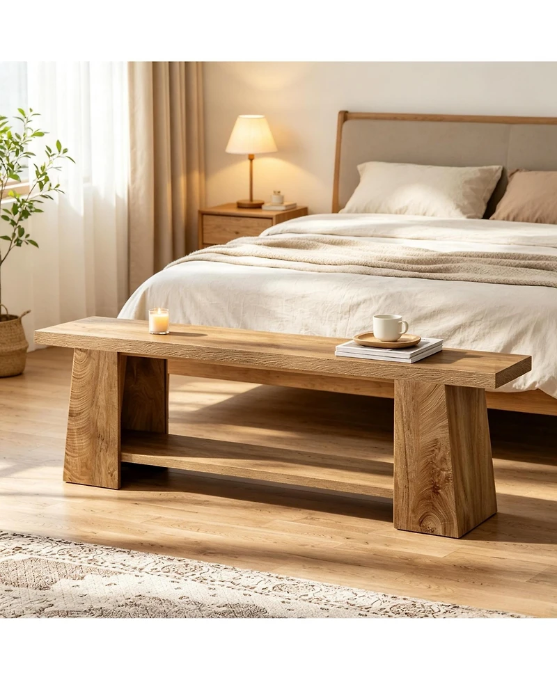 Slickblue Farmhouse Style Wooden Bench with Rustic Warm Wood Finish