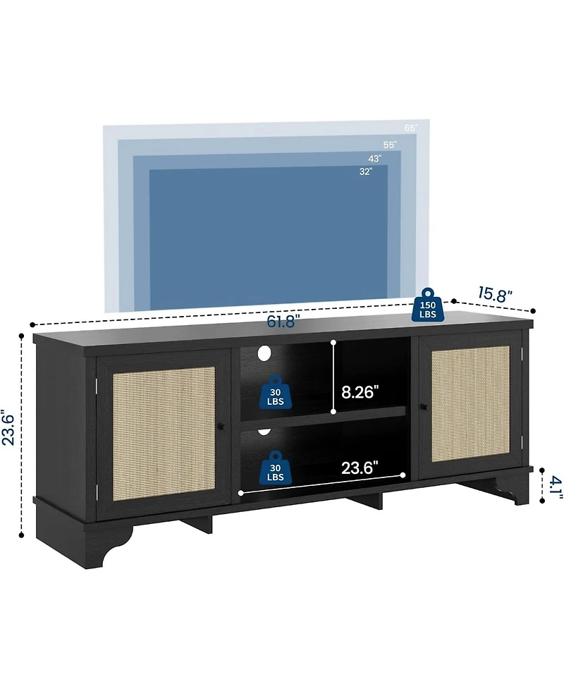 gaomon Living Room Table Set of 2, 62" Rattan Tv Stand Fits 65" and 2-Tier Coffee