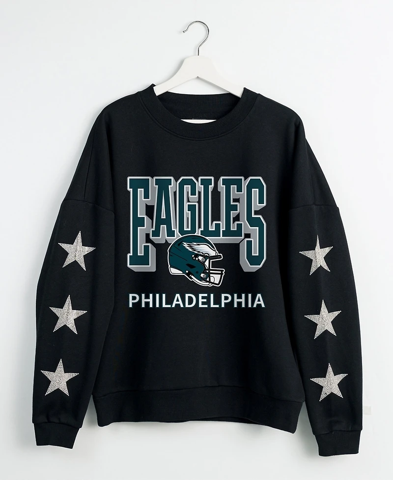 Gameday Couture Women's Black Philadelphia Eagles Pure Victory Rhinestud Star-Sleeve Pullover Sweatshirt