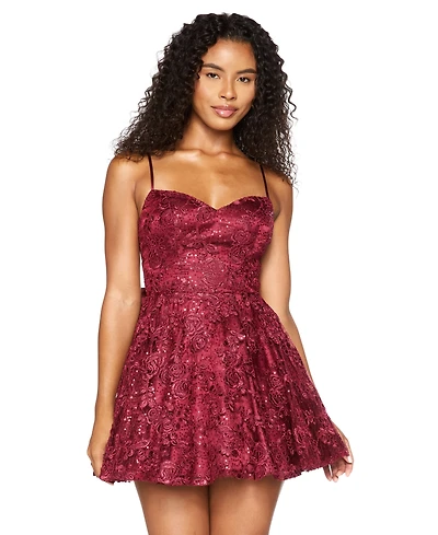 Alex & Sophia Juniors' Sweetheart Neckline Embroidered Lace Sequin Back Bow Dress