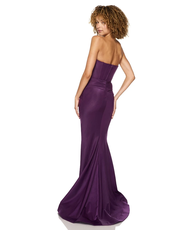Alex & Sophia Juniors' Strapless Shiny Knit Front-Drape Gown