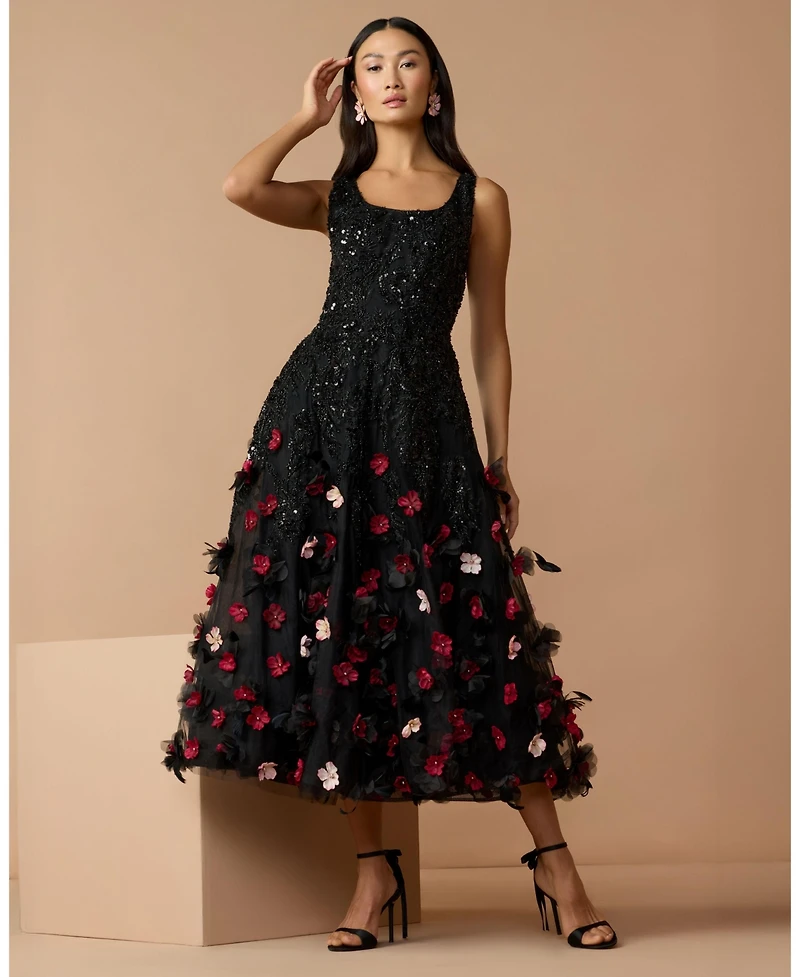 Mac Duggal Petite Black Sleeveless Beaded Midi Dress With 3D Flowers