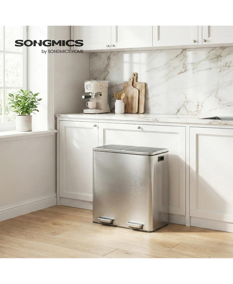 SongmicsHome Dual Garbage and Recycling Can, Stainless Steel Step Trash Can with Soft-Close Lid, 60L