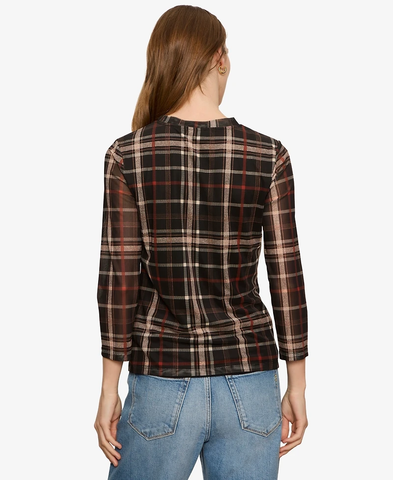 Sanctuary Women's Plaid Mesh 3/4 Sleeve Top