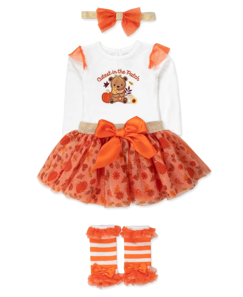 Baby Essentials Girls' Cutest the Patch Long-sleeve Pumpkin-Print Bodysuit and Tutu Set, 4-Piece