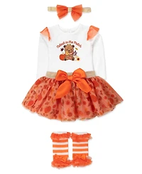 Baby Essentials Girls' Cutest the Patch Long-sleeve Pumpkin-Print Bodysuit and Tutu Set, 4-Piece