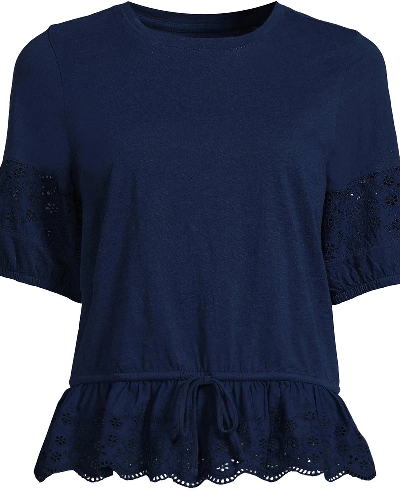 Lands' End Plus Elbow Sleeve Slub Lace Trim Adjustable Hem Top