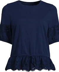 Lands' End Plus Elbow Sleeve Slub Lace Trim Adjustable Hem Top