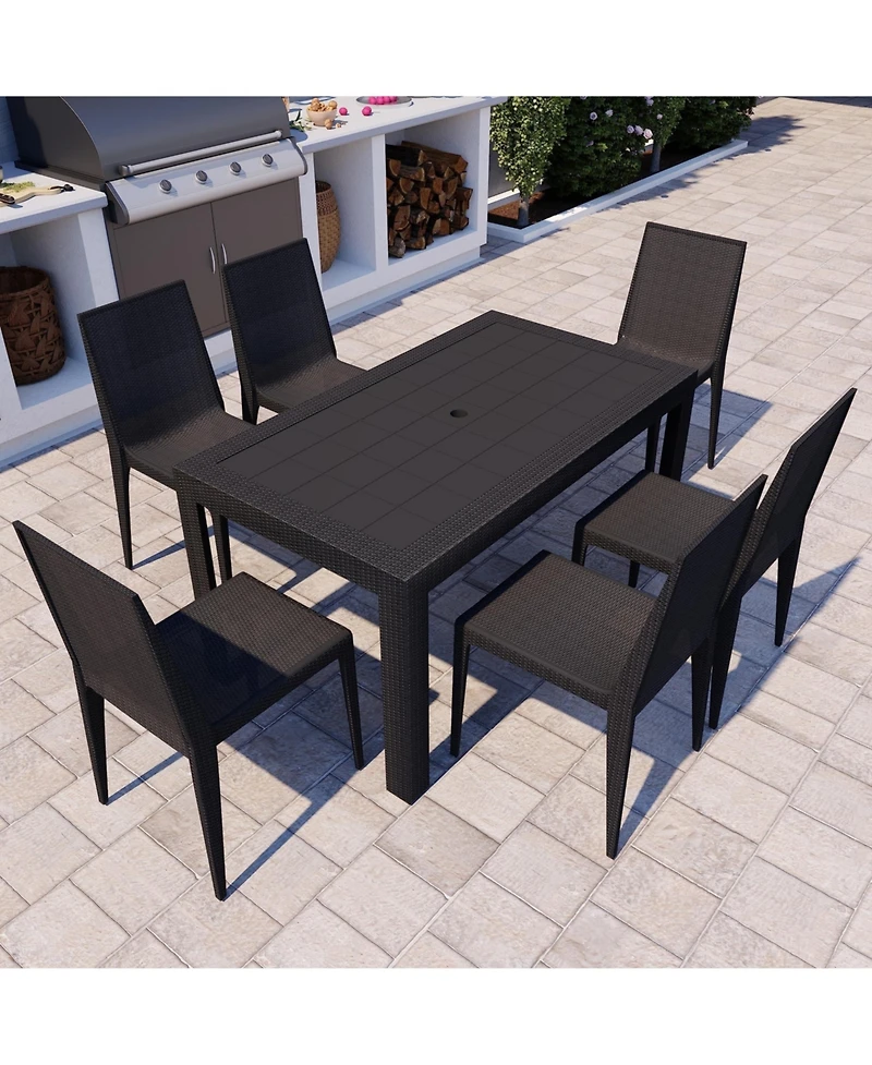 LeisureMod Mace All Weather Outdoor Patio Rectangular Dining Table with Umbrella Hole and Weave Design