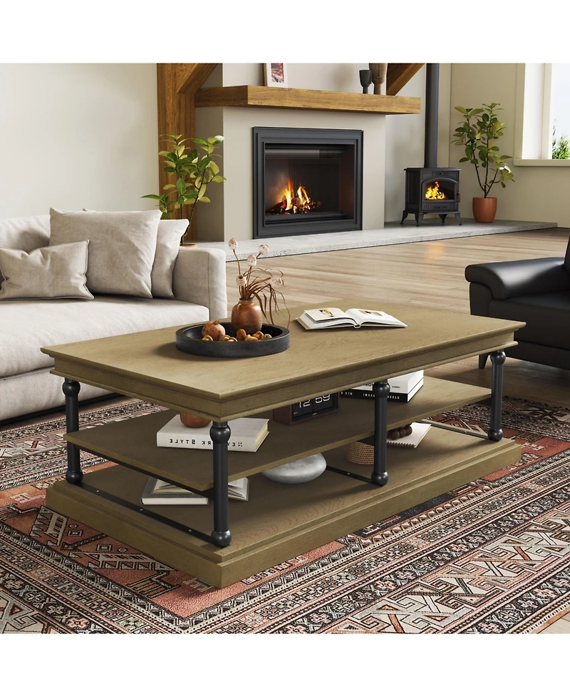 Boyel Living 55" Modern Wood Coffee Table, Brown Finish with Metal Legs, 2-Tier Open Storage Shelves for Room