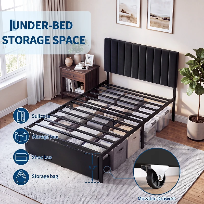 gaomon Modern Bed Frame, Heavy Duty Metal Platform with Upholstered Headboard, Under-bed Storage Drawers