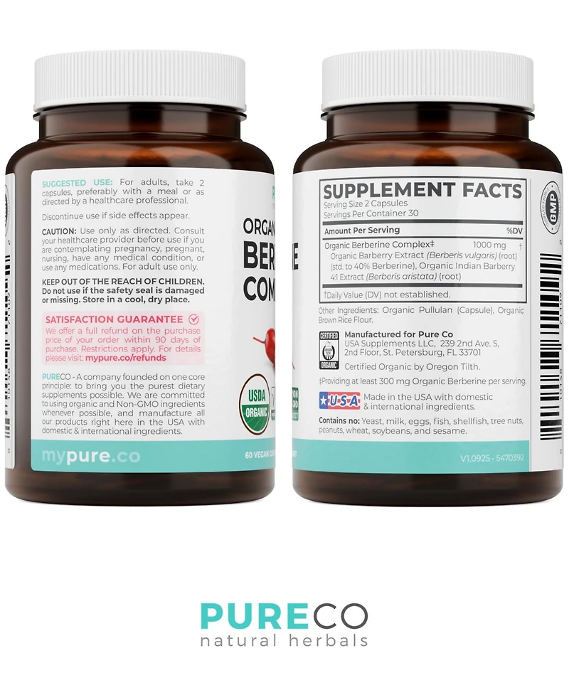 Pure Co Berberine Supplement, 1000 Milligram Berberine Complex, 300 Milligram Active Berberine, , Non-gmo, 60 Capsules