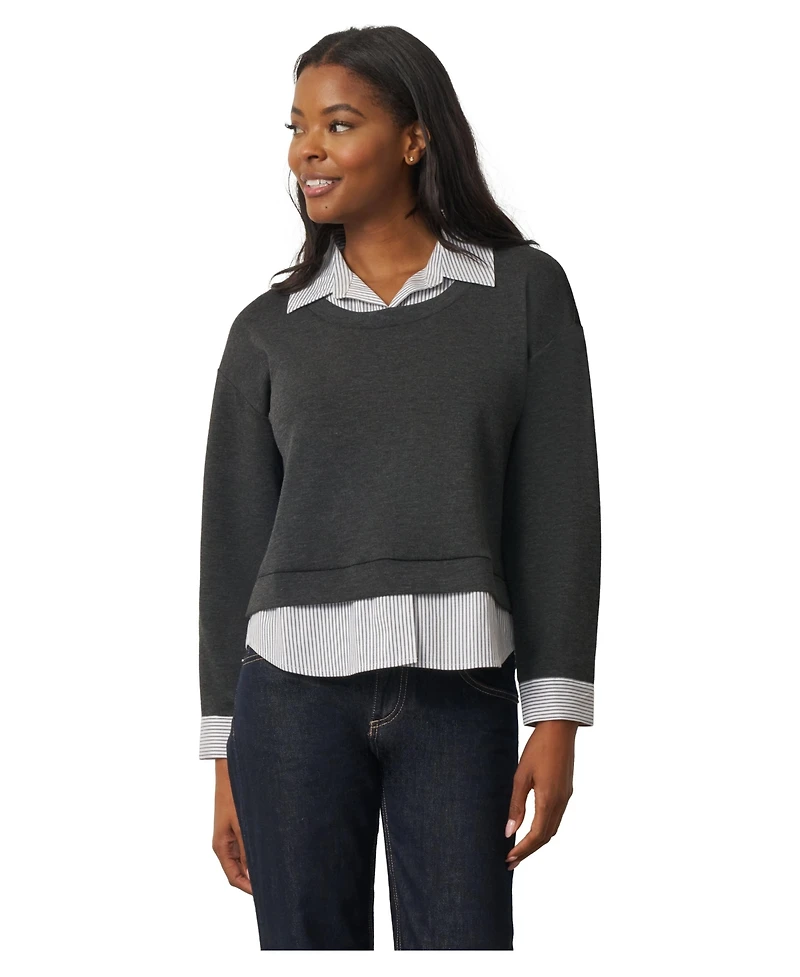 Cable & Gauge Women's Twofer Striped Poplin Collar Long-Sleeve Blouse