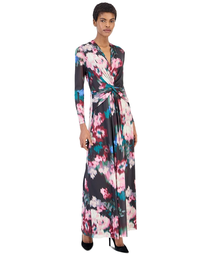 Anne Klein Women's Petite Mesh Twist Front Floral Long-Sleeve Maxi Dress