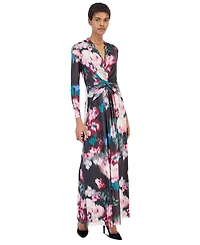 Anne Klein Women's Petite Mesh Twist Front Floral Long-Sleeve Maxi Dress