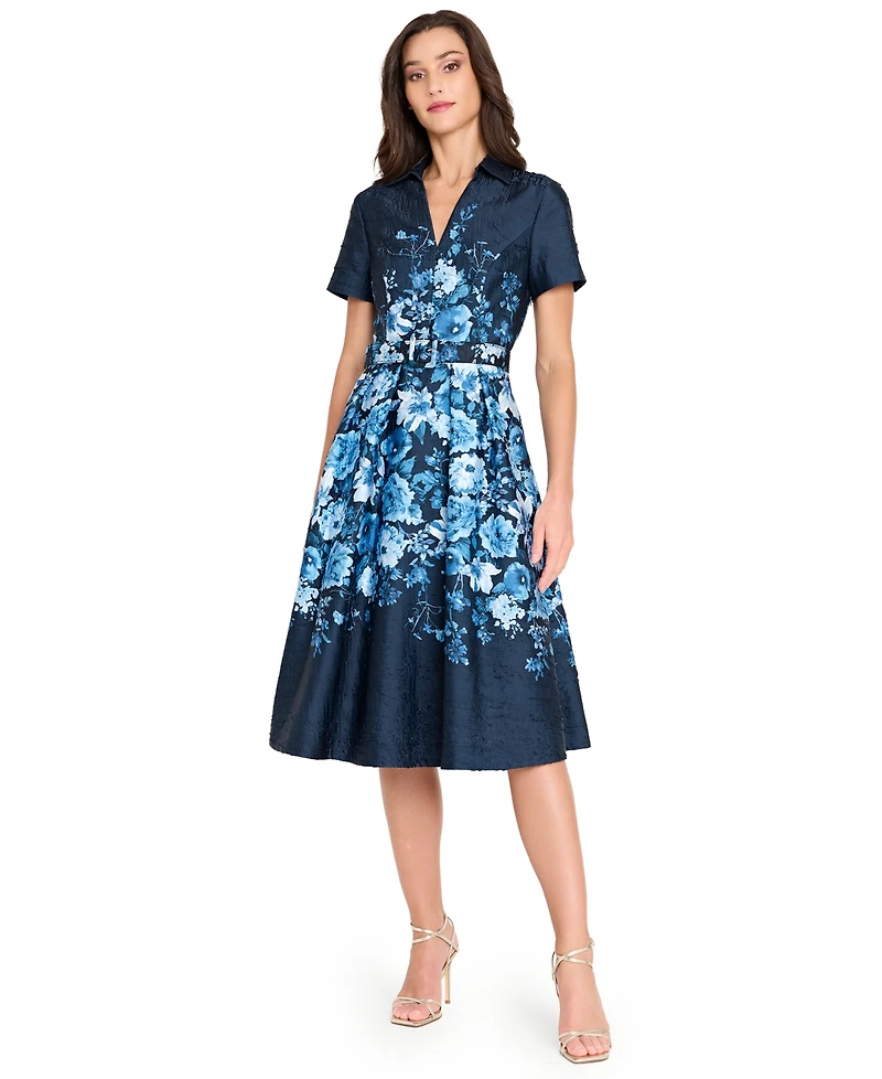 Tahari Asl Women's Belted Floral-Print V-Neck Midi Dress