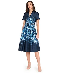 Tahari Asl Women's Belted Floral-Print V-Neck Midi Dress
