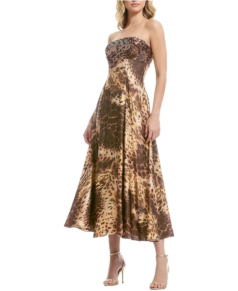 Dress The Population Women's Miranda Strapless Sequin Bustier Leopard Print Midi Dress