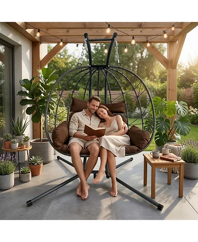 Asagikoiai Outdoor 2-Person Patio Hammock Swing Egg Chair with Stand