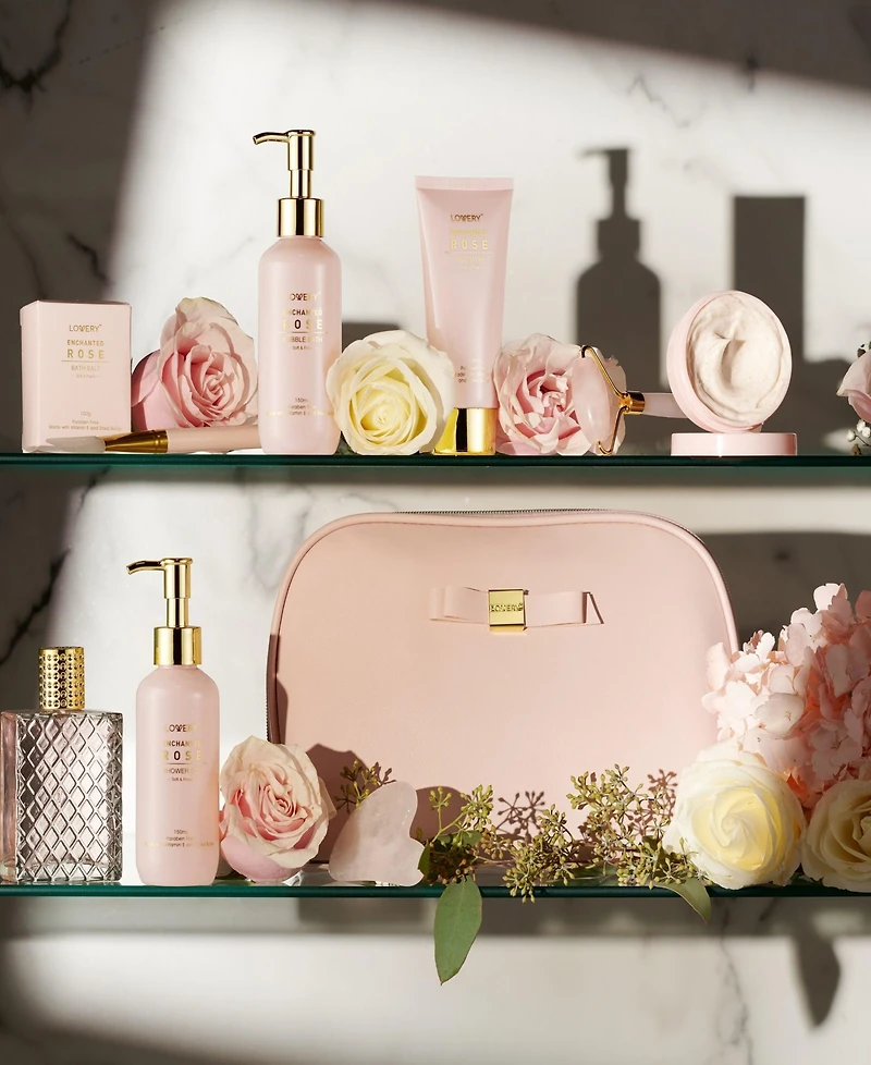 Lovery Luxury Enchanted Rose Bath and Body Care Beauty Kit with Cosmetic Bag, Jade Roller and More, 11pc Home Spa Gift Set