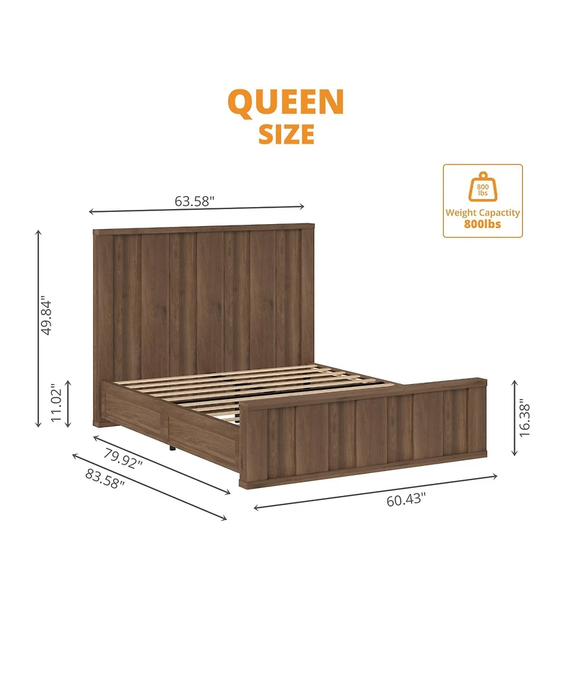 homfan Wooden Platform Bed Frame, Solid Wood Finish with Tall Vertical Panel Headboard & Footboard, No Box Spring Needed, for Bedroom