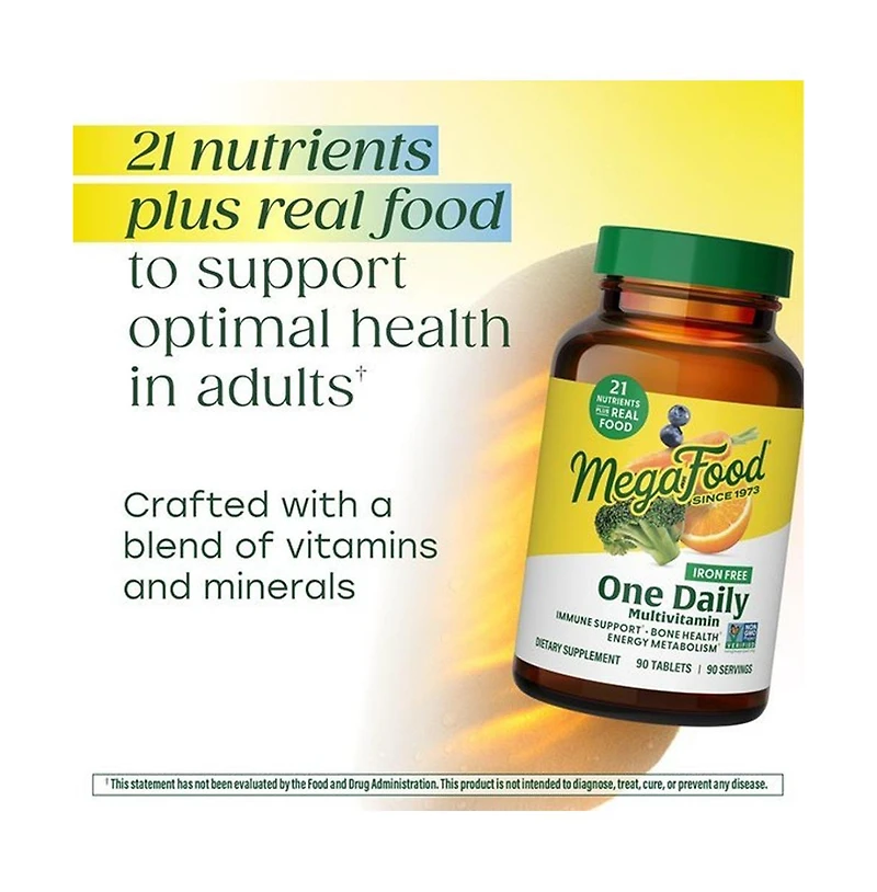 MegaFood One Daily Iron Free Multivitamin for Women and Men, Bone and Immune Support, 90 Ct