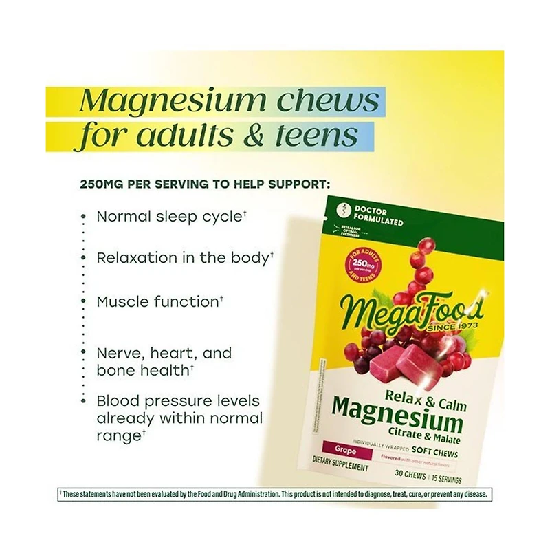 MegaFood Relax and Calm Magnesium Supplement with Magnesium Citrate and Malate, 30 Grape Soft Chews