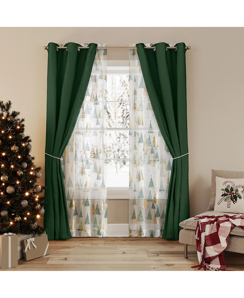 No. 918 Balsam Christmas Tree Metallic Sheer Rod Pocket Curtain Panel Pair