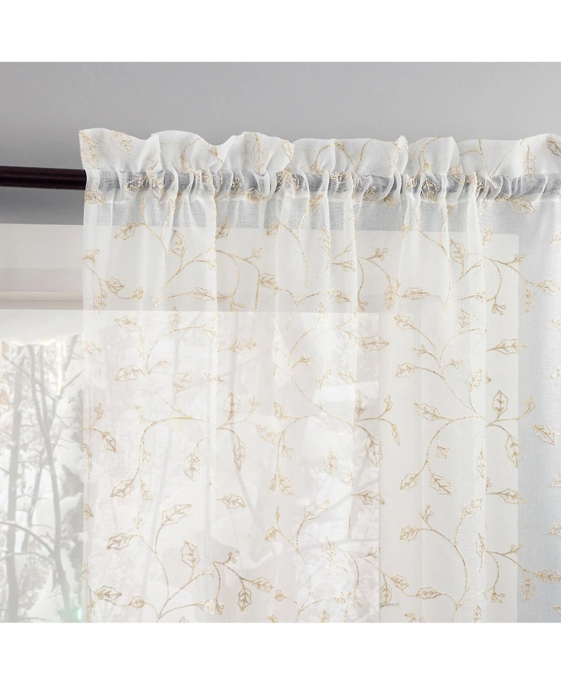 No. 918 Holly Metallic Embroidery Christmas Sheer Rod Pocket Curtain Panel Pair