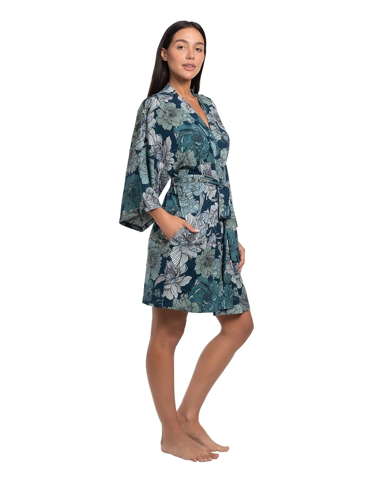 Linea Donatella Women's Teal Floral Print Knit Wrapper