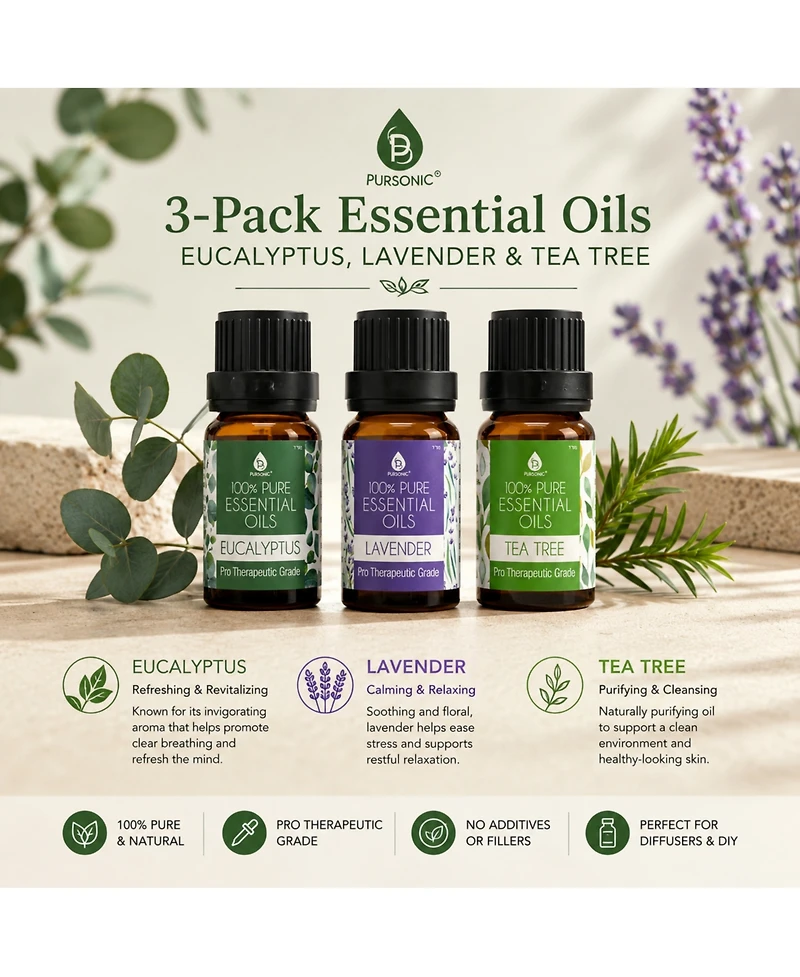3 pack of 100% Pure Essential Oils (Eucalyptus, Lavender & Tea Tree)