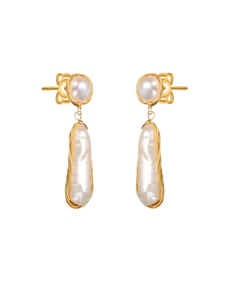 Sterling Silver with 14K Gold Plated and 2 Genuine Freshwater Pearl Dangling Earrings
