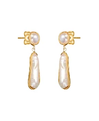 Sterling Silver with 14K Gold Plated and 2 Genuine Freshwater Pearl Dangling Earrings