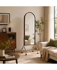 Phying Arched Full-Length Mirror with Storage Shelves, Premium Rubber Wood Freestanding Rolling Dressing Mirror and Bookcase Cart
