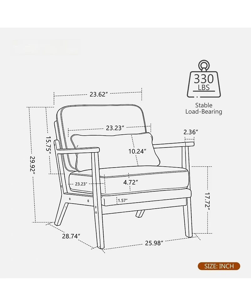 Rainsken Upholstered Mid Century Modern Accent Chair with Straight Wood Armrests and Lumbar Pillow