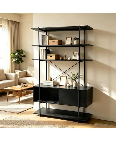 homfan 5-Tier Industrial Bookshelf with Cabinet, Heavy Duty Wood Bookcase Display, Sturdy Metal Frame Storage Shelving Unit for Home Office