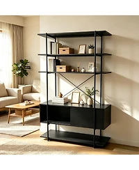 homfan 5-Tier Industrial Bookshelf with Cabinet, Heavy Duty Wood Bookcase Display, Sturdy Metal Frame Storage Shelving Unit for Home Office