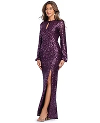 Xscape Women's Sequin Long-Sleeve Keyhole Dress