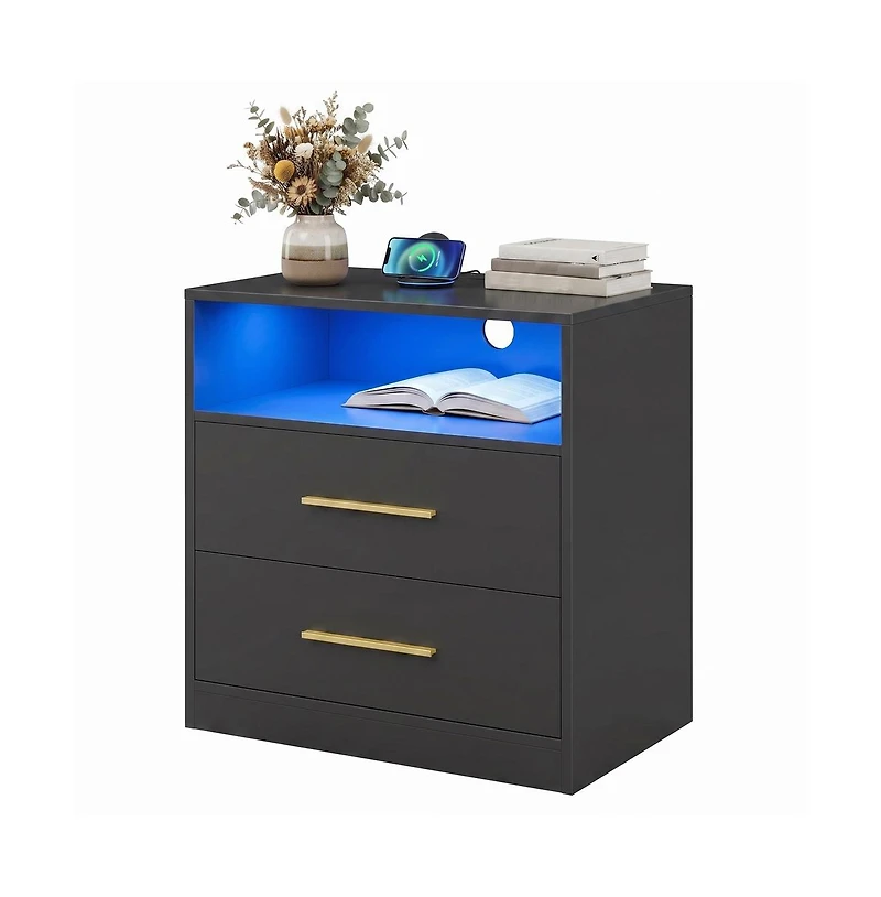 SongmicsHome Bedside Table, Side End Table, Nightstand with Power Outlets, Sliding Lid, Led Lights, 2 Drawers