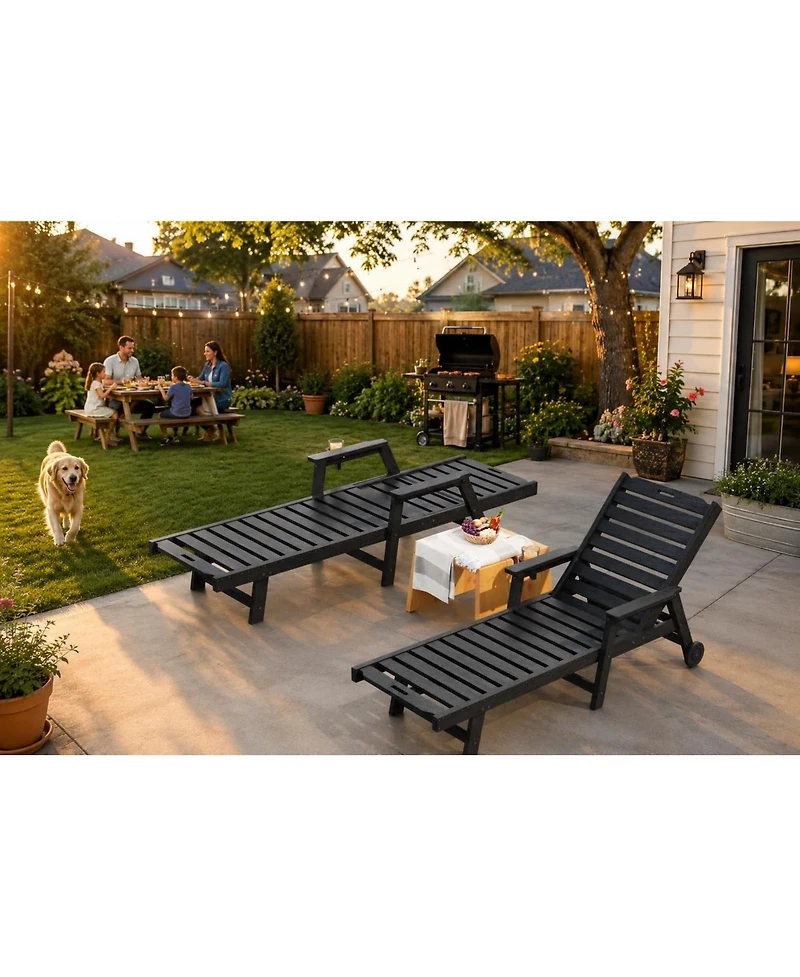 gaomon Set of 2 Hdpe Outdoor Patio Chaise Lounge Chairs, 5-Position Adjustable Recliners with Cup Holders Wheels Armrests for Poolside Deck Backyard