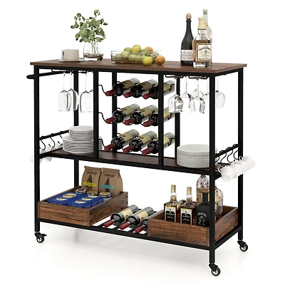 Sugift 3-Tier Rolling Bar Cart with Glass Racks and Bottle Holders