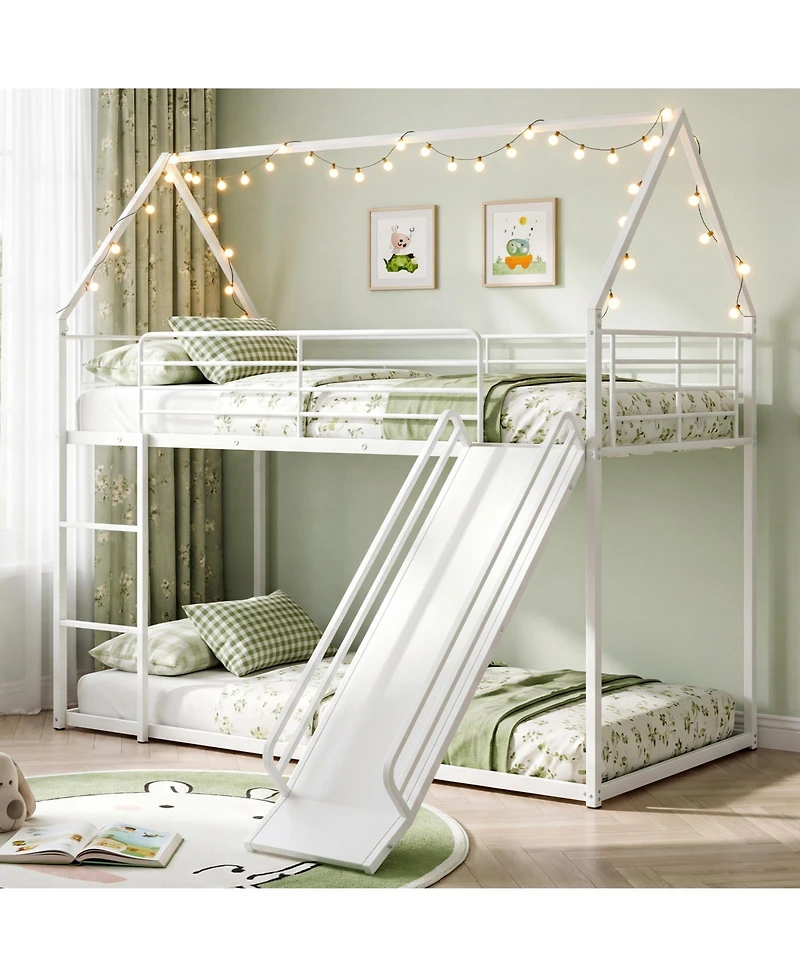 Costway Twin Over Twin Low Bunk Bed House-shaped Metal Bunk Bed Frame with Safety Guardrail