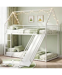 Costway Twin Over Twin Low Bunk Bed House-shaped Metal Bunk Bed Frame with Safety Guardrail