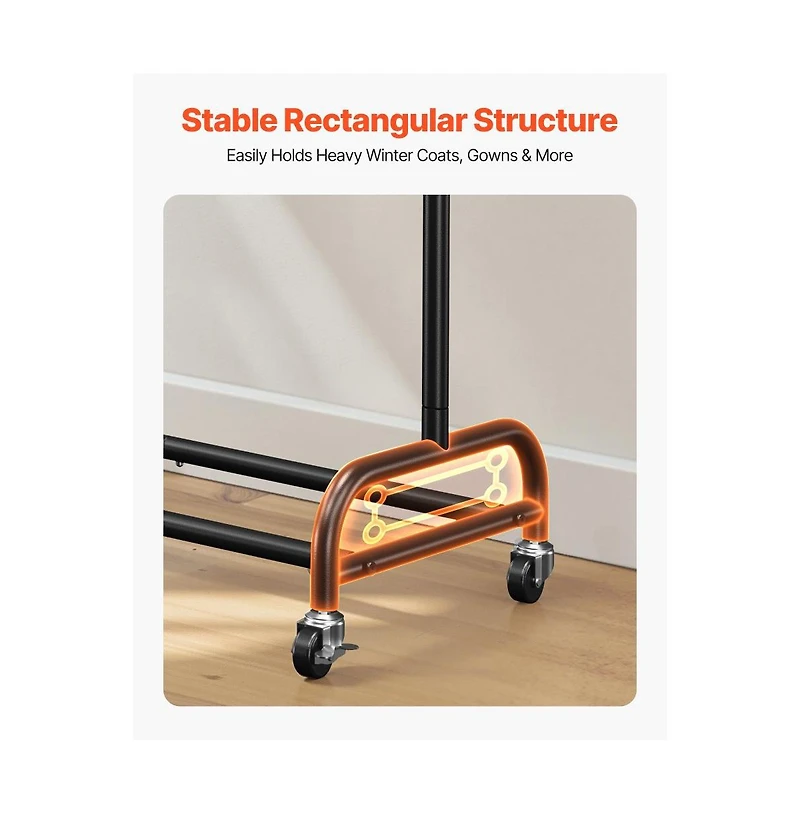 Slickblue Carbon Steel Rolling Garment Rack with Adjustable Rod, Side Hooks and Locking Wheels