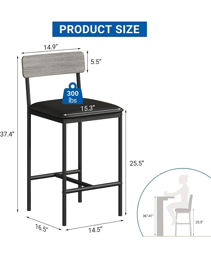 gaomon Set of Counter Height Bar Stools with Back, Upholstered Thick Padded Seats, Kitchen Island And Dining Bar Chairs